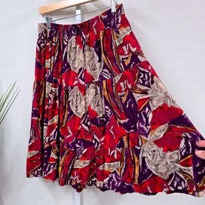 Fritzi California Vintage 90s Abstract Print Tiered Midi Skirt Red‎ Purple L